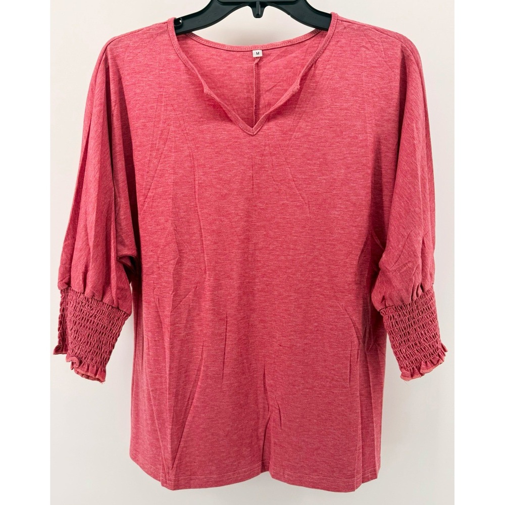 Pink Solid Knit women's V-Neck Tunic Blouse 3/4 Balloon Sleeve Smocked M